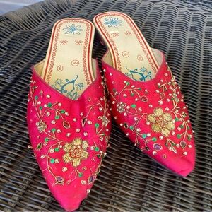 Elegant Red and Green Mules with Ornate Design